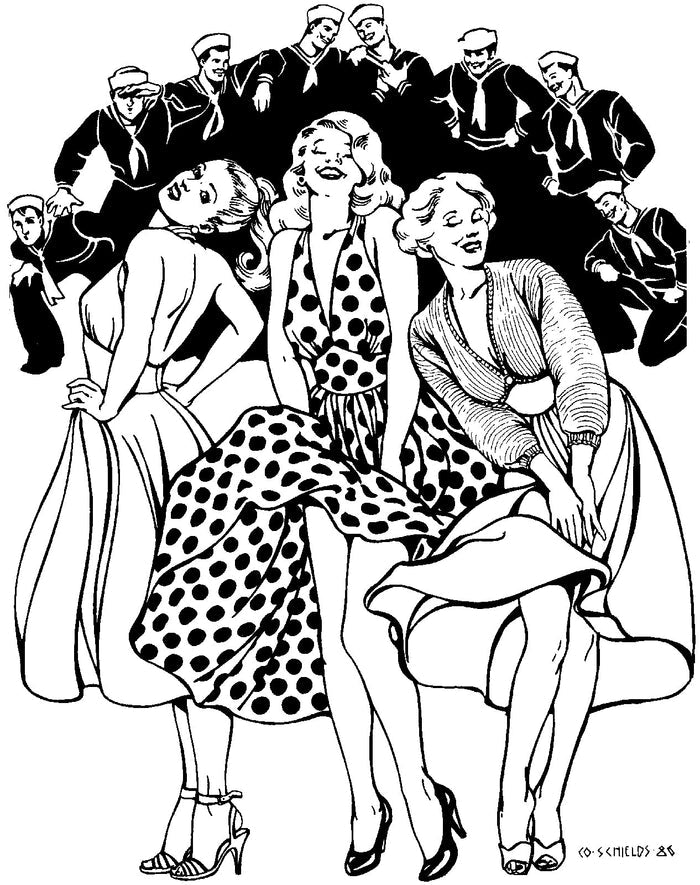 pen and ink drawing of three women wearing the blonde bombshell