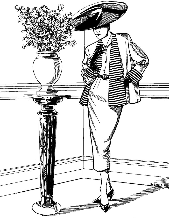 Black and white pen and ink drawing by artist Gretchen Shields. Woman standing next to a podium with a vase full of flowers wearing #255 Swing Suit with a hat.