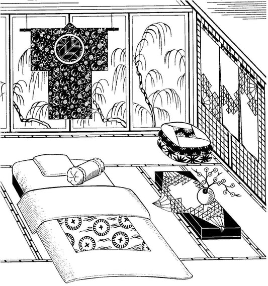 Black and white pen and ink drawing by artist Gretchen Shields. 305 Japanese Interior, kimono hanging on the back wall, floor cushions (zabuton) in the corner, Futon with the futon cover (shikibuton), top quilt (kakebuton), and decorative curtains (noren)