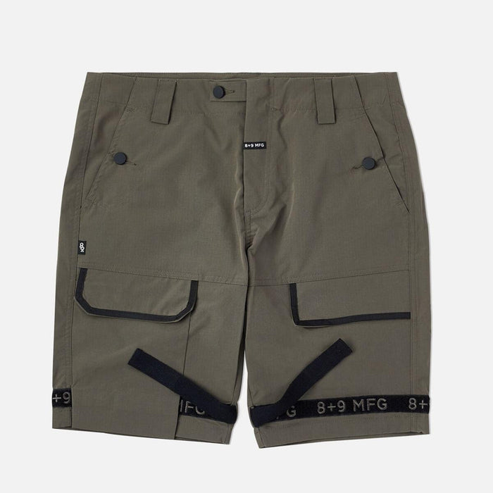 8&9 Olive Strapped Up Rip Stop Shorts (SHRIPOLI) with adjustable straps and durable rip stop fabric
