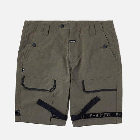 8&9 Olive Strapped Up Rip Stop Shorts (SHRIPOLI) with adjustable straps and durable rip stop fabric