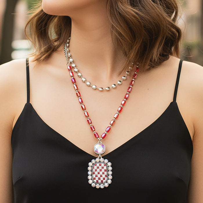 92321 - Layered Checkered Pendant Necklace - Red