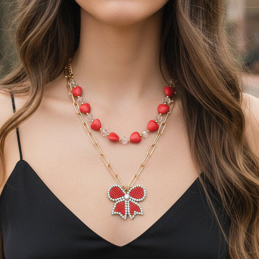 92322 - Layered Heart Necklace - Red