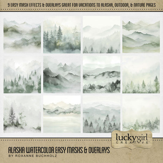 Add beautiful transparent overlays and masks by Lucky Girl Creative digital art to all your digital scrapbooking pages! In hues of evergreen, the mountain and forest overlays add so much texture to all your outdoor, nature, and camping pages. Try layering over different colored digital papers to create a one-of-a-kind look or fill the masks with your favorite photos, papers, or color! This kit is included in the Alaska Watercolor Bundle.