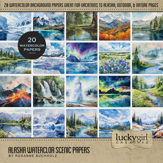 Adventure and explore Alaska with these beautiful watercolor digital scrapbooking scenic papers by Lucky Girl Creative digital art. Great for outdoors, nature, camping, vacations to Alaska, and holidays to Canada. Scenic papers include forest, mountains, geyser, volcano, waterfall, lake, stream, river, glacier, autumn, Northern Lights, and more. This kit is included in Alaska Watercolor Bundle.