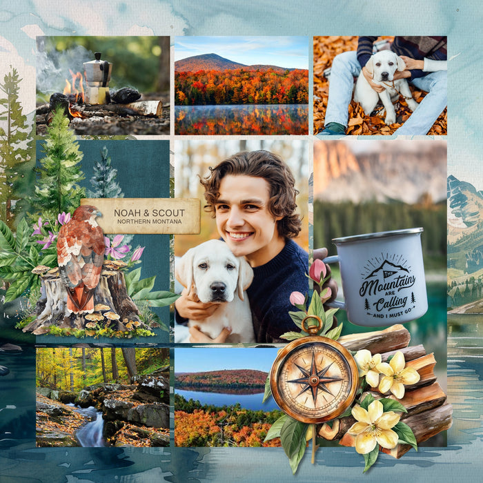 Adventure and explore Alaska with this beautiful watercolor bundle containing embellishments, scenic papers, easy-to-use clusters, overlays, and rock alpha set by Lucky Girl Creative digital art. Great for outdoors, nature, camping, vacations to Alaska, and holidays to Canada. Embellishments include badger, bear, beaver, clams, deer, reindeer, stag, elk, dog sled, Husky dog, dolphin, eagle, fish, bass, salmon, trout, fox, hawk, moose, mountain goat, musk ox, polar bear, sea otter, walrus, Beluga, whale.