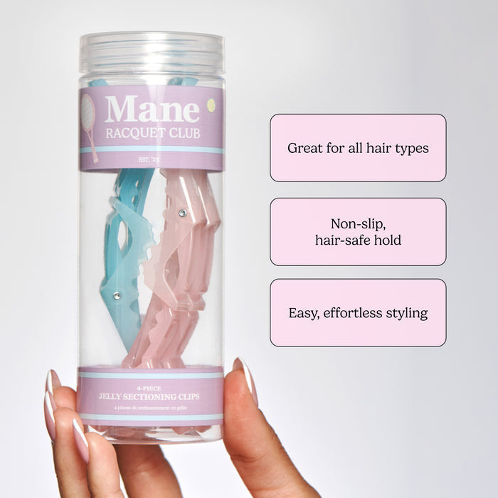 Bottle of Mane Racquet Club jelly sectioning clips with text on a gray background