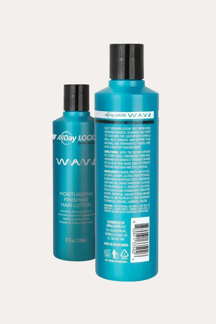 AllDay Locks WAVE Moisturizing Finishing Hair Lotion set showing front and back labels, Non Greasy Curl Definer styling lotion for Keratin Infused Hair, teal bottles