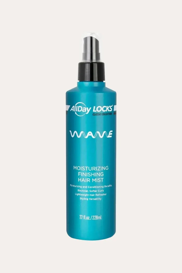 “AllDay Locks Wave Moisturizing Finishing Hair Mist 7.7 fl oz (228 mL) bottle, a best curl refresher spray for natural hair, shown front label on white background.”