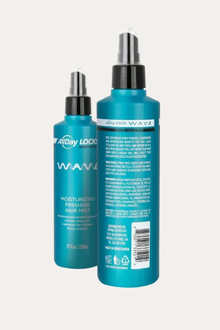 “Two bottles of AllDay Locks Wave Moisturizing Finishing Hair Mist 7.7 fl oz (228 mL), front and back view, lightweight setting spray for hair displayed on white background.”