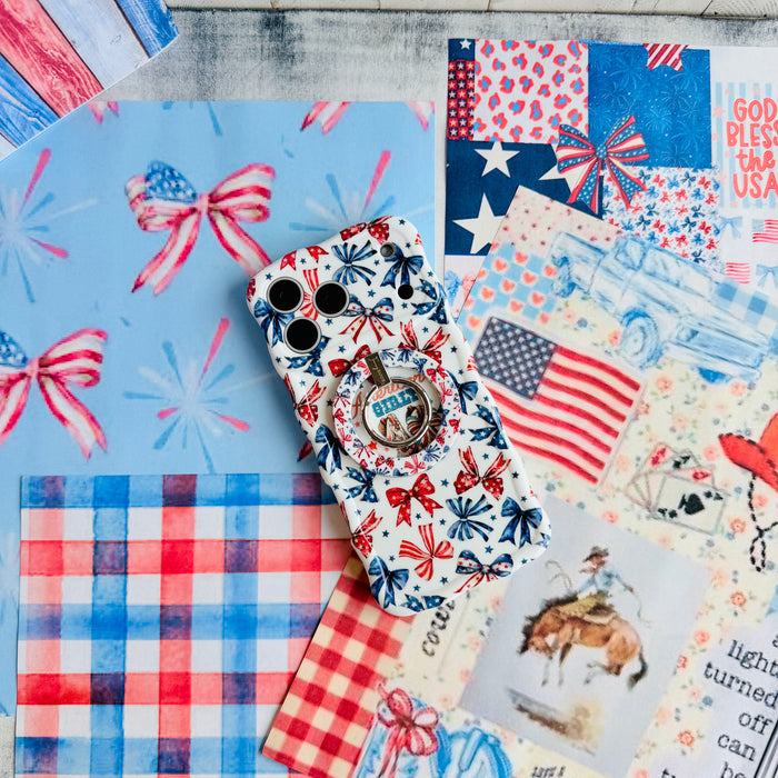 American Girly Wavy Luxe iPhone case styled on a blue gingham and bow backdrop with an American flag and a cowboy illustration.