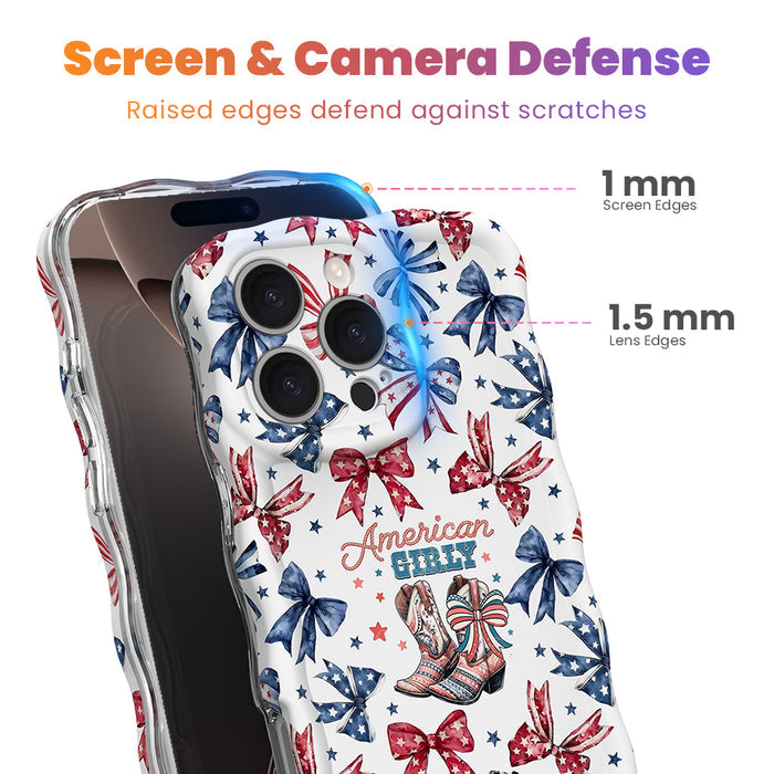 Trendy wavy iPhone case featuring a patriotic coquette pattern of red, white, and blue bows, stars, and watercolor cowboy boots with a high-gloss finish.