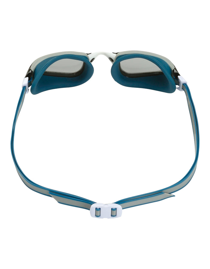 Blue and white Aqua Sphere Fastlane goggles with tinted lens and silver accents