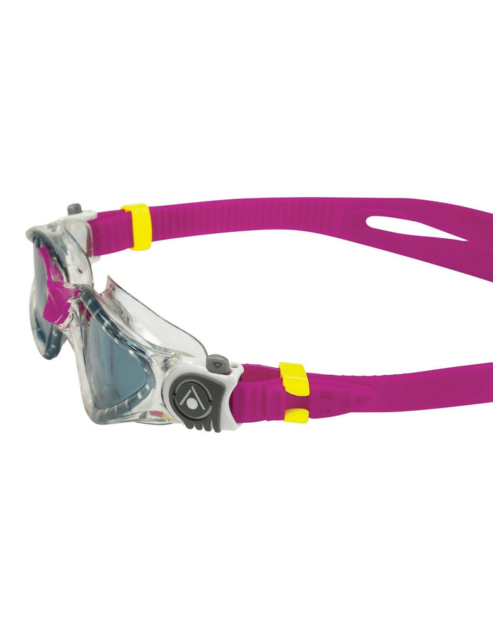 Stylish purple and yellow Aqua Sphere Kayenne Small Fit goggles with smoke lenses