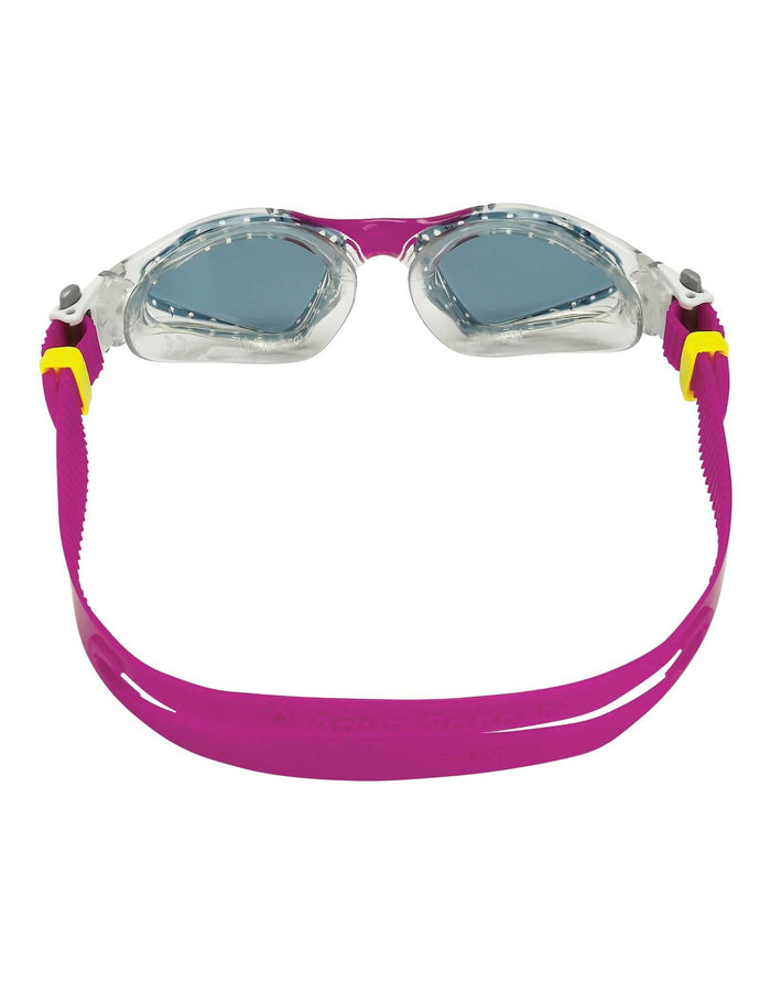 Pink and yellow Aqua Sphere Kayenne Small Fit goggles with smoke lenses