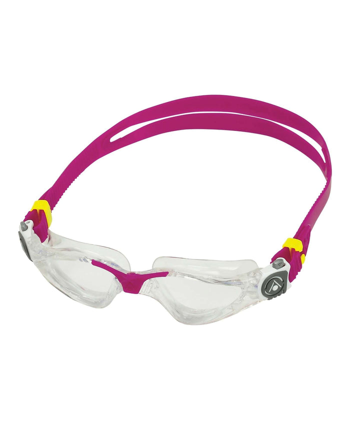 Aqua Sphere Kayenne ladies swim goggles with clear lenses, pink yellow straps, 180-degree visibility
