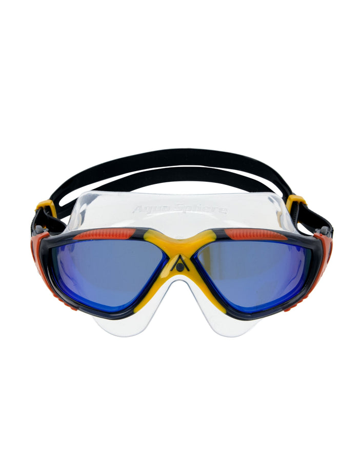 Aqua Sphere Vista mirrored lens goggles with blue lenses and orange accents