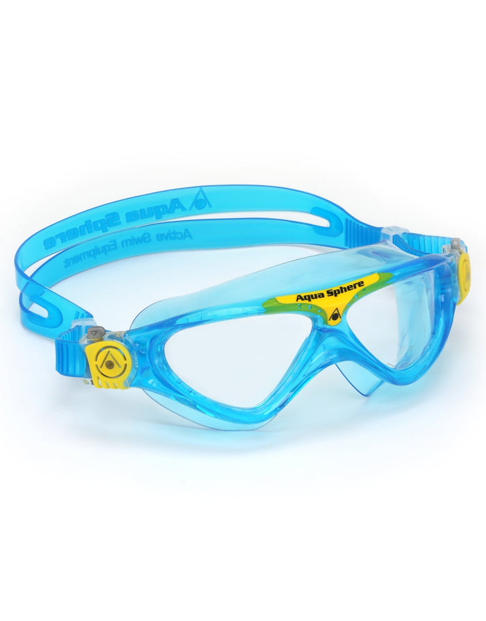Aqua Sphere Vista junior swim mask in blue and yellow with clear lenses