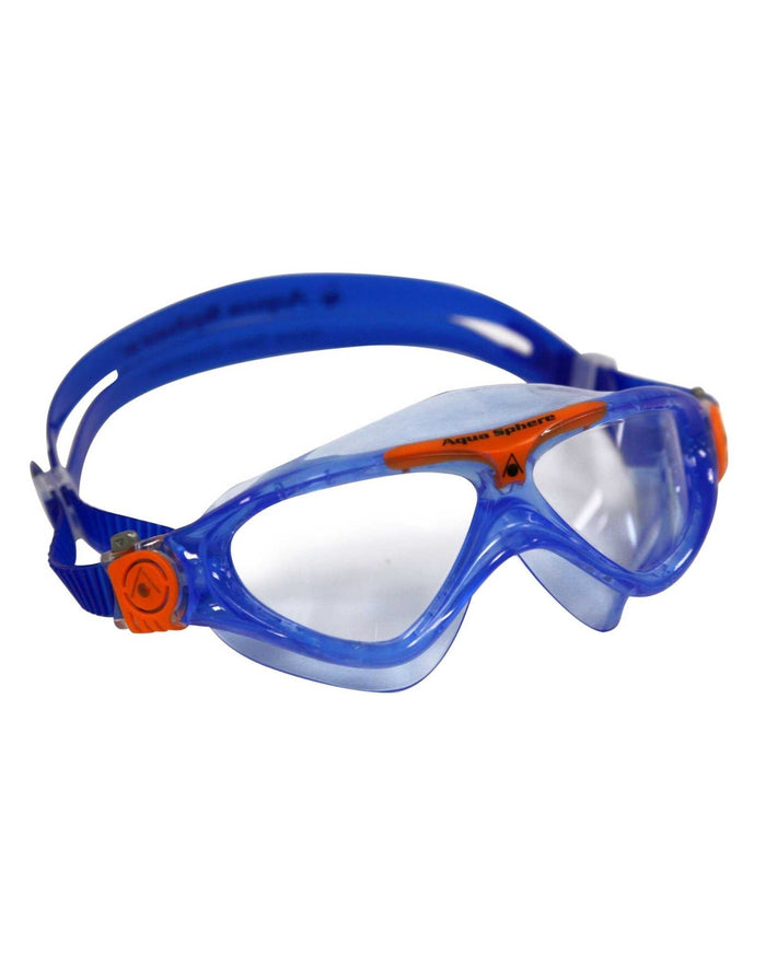 Blue and orange Aqua Sphere Vista junior swim goggles with clear lenses