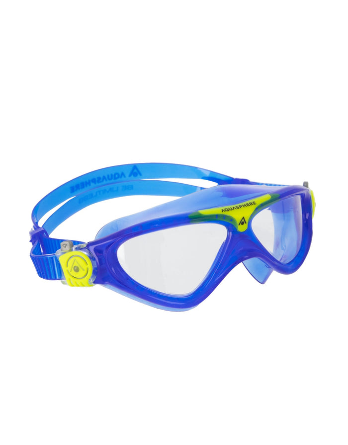 Blue and yellow Aqua Sphere Vista junior swim goggles with clear plastic lenses