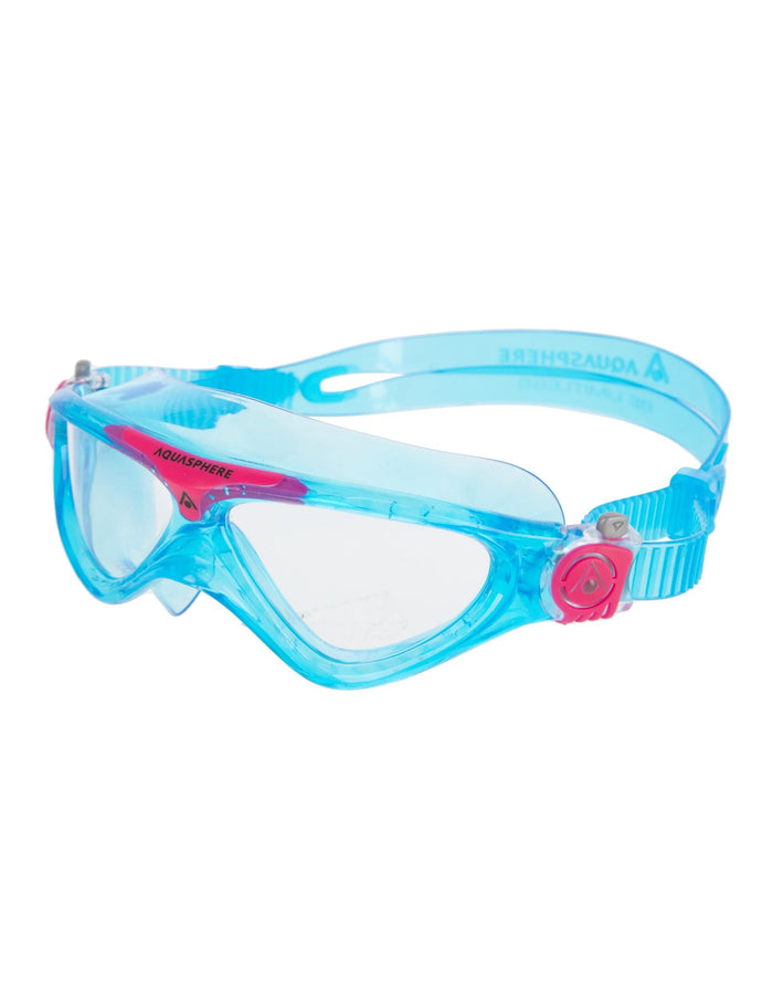 Blue and pink Aqua Sphere Vista junior swim goggles with clear lenses