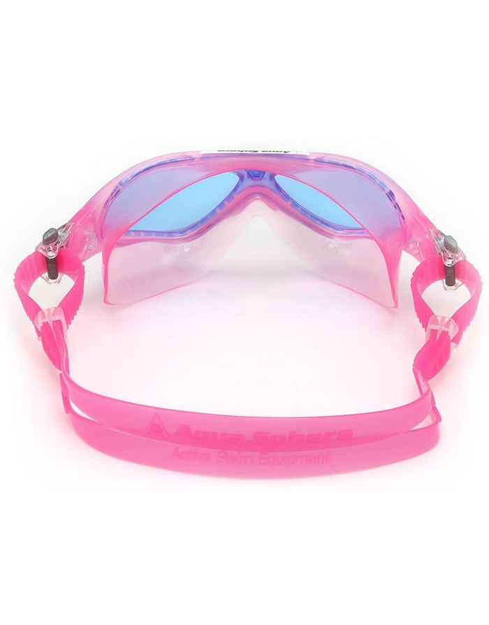 Pink Aqua Sphere Vista junior swim goggles with clear frame and blue lenses