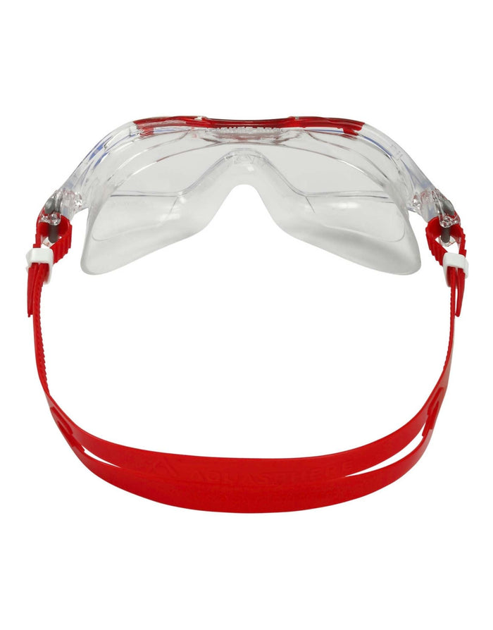 Clear lens Vista XP swim mask with red accents and adjustable strap