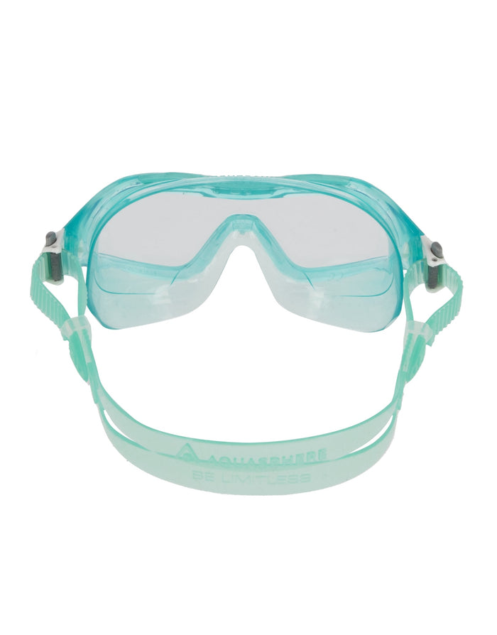 Teal clear plastic Vista XP swim mask with adjustable straps and clear lens