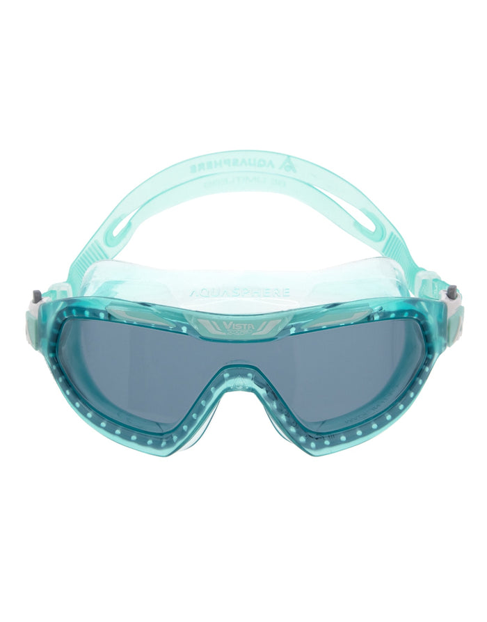 Teal Aqua Sphere Vista XP swim mask with smoke lens and clear textured silicone strap