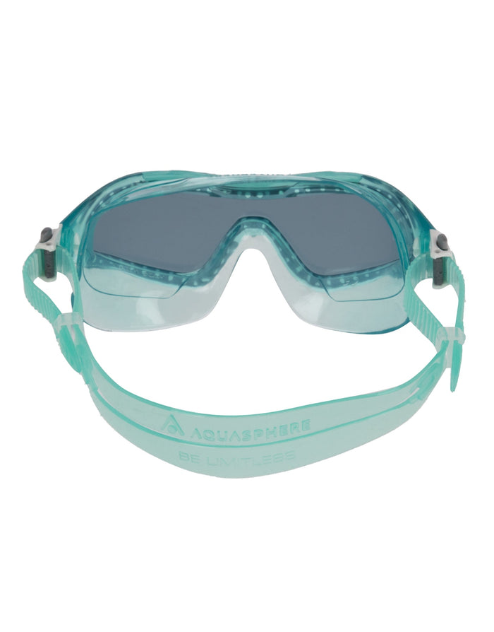 Sleek teal clear Aqua Sphere Vista XP swim mask with smoke lens