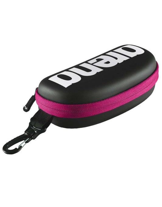 Arena black and pink hard shell goggle case with elastic strap inside