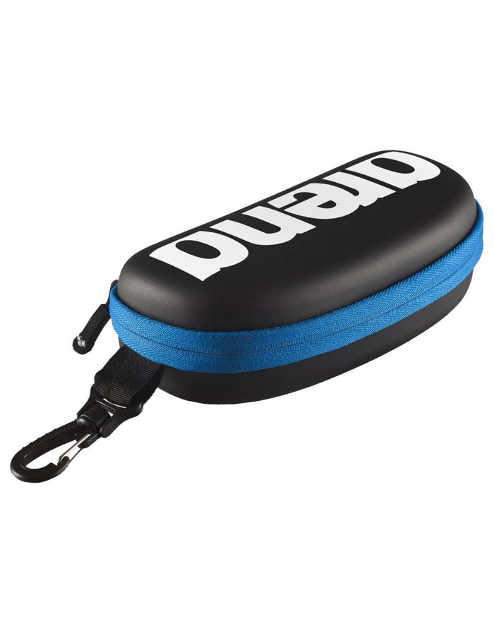 Black and blue Arena goggle case with durag shell, carabiner and elastic strap