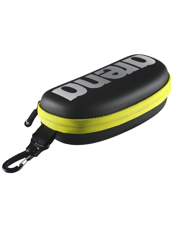 Dubon hard shell goggle case with lime green accents, zipper, elastic strap inside