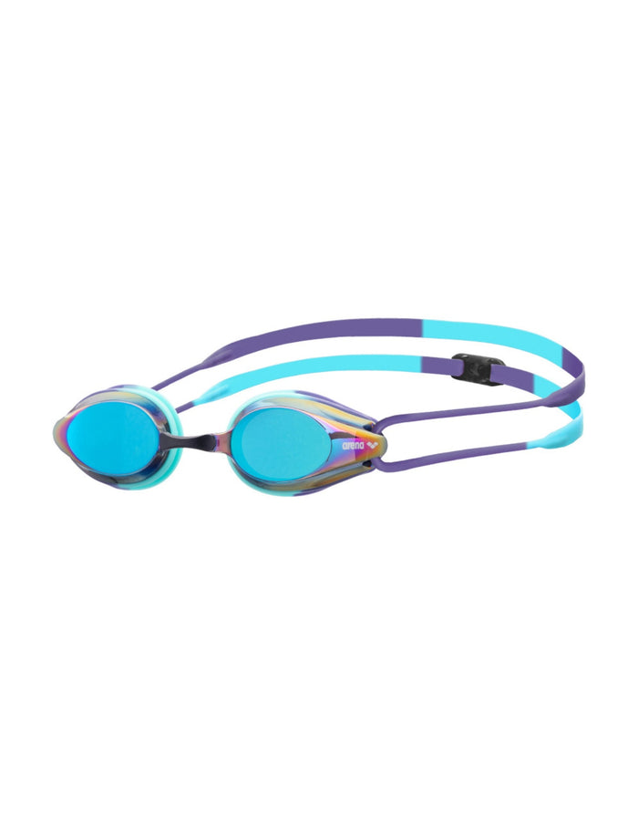 Sleek Arena Tracks mirrored lens swim goggles in blue and purple, low profile to reduce drag