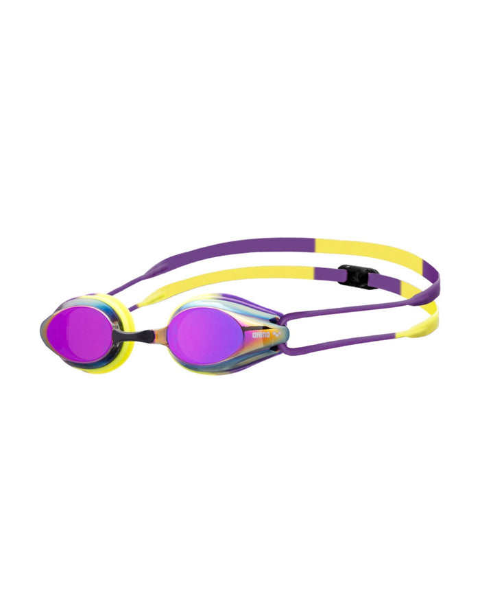 Purple and yellow Arena Tracks Mirror Swim Goggles with low profile mirrored lens