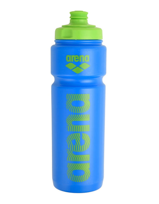 Arena Water Bottle 750ml with blue body, green accents, and logo