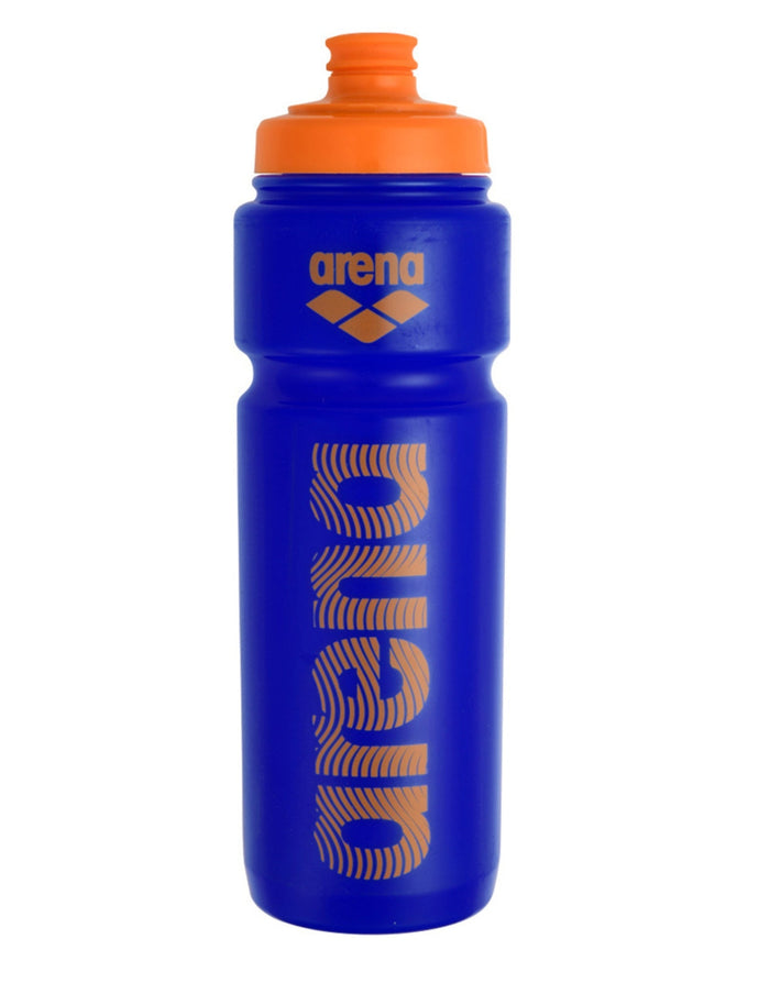 Arena Water Bottle 750ml with orange lid, blue geometric body