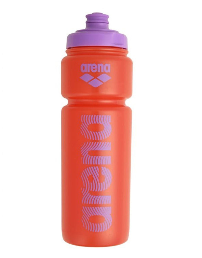 Arena Water Bottle 750ml with purple lid, orange body, white arena text pattern