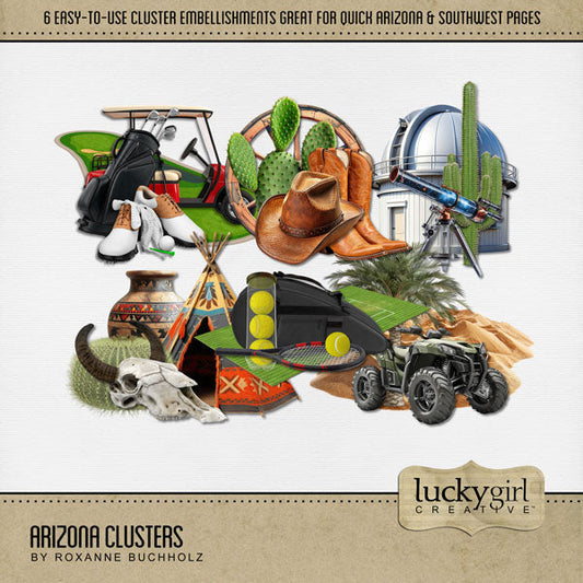 Celebrate Arizona with these beautiful and realistic easy-to-use cluster embellishments by Lucky Girl Creative digital art. Simply drop on your page and go! Great for vacations to Arizona, the Southwest, Texas, Mexico, parts of Utah, Phoenix, Tucson, Scottsdale, Sedona, Mesa, Flagstaff, Yuma, the desert, and more. Digital scrapbooking embellishments include cactus, cowboy hat, cowboy boot, teepee, pottery, skull, golf, tennis, observatory, all terrain vehicle, quad, sand dunes, and palm tree.