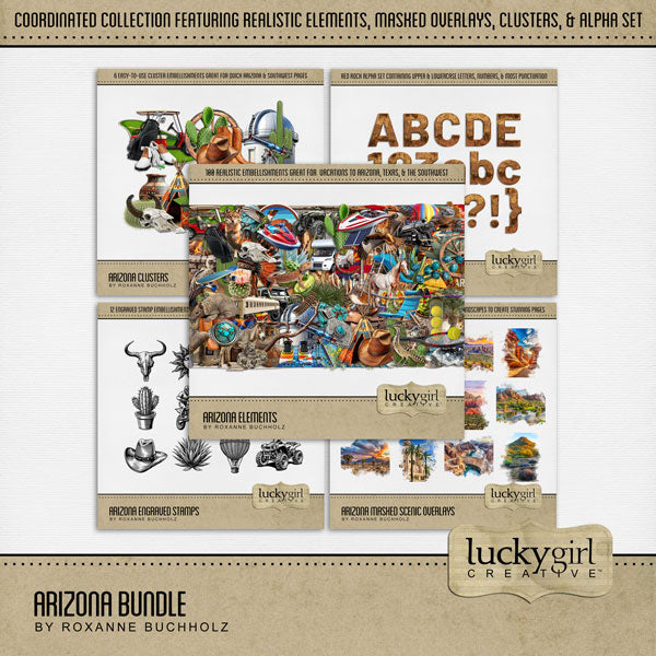 Celebrate Arizona with these beautiful realistic western embellishments, clusters, masked scenic overlays, engraved stamps, and red rock alpha set by Lucky Girl Creative digital art. Great for travel and vacations to Arizona, the Southwest, Texas, Mexico, parts of Utah, Phoenix, Tucson, Scottsdale, Sedona, Mesa, Flagstaff, Yuma, the desert, and more. Embellishments include all terrain vehicle, quad, Jeep, hawk, bird, hummingbird, quail, roadrunner, buzzard, vulture, coyote, donkey, burro.