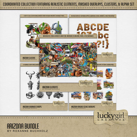 Celebrate Arizona with these beautiful realistic western embellishments, clusters, masked scenic overlays, engraved stamps, and red rock alpha set by Lucky Girl Creative digital art. Great for travel and vacations to Arizona, the Southwest, Texas, Mexico, parts of Utah, Phoenix, Tucson, Scottsdale, Sedona, Mesa, Flagstaff, Yuma, the desert, and more. Embellishments include all terrain vehicle, quad, Jeep, hawk, bird, hummingbird, quail, roadrunner, buzzard, vulture, coyote, donkey, burro.