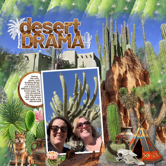 Celebrate Arizona with these beautiful realistic western embellishments, clusters, masked scenic overlays, engraved stamps, and red rock alpha set by Lucky Girl Creative digital art. Great for travel and vacations to Arizona, the Southwest, Texas, Mexico, parts of Utah, Phoenix, Tucson, Scottsdale, Sedona, Mesa, Flagstaff, Yuma, the desert, and more. Embellishments include all terrain vehicle, quad, Jeep, hawk, bird, hummingbird, quail, roadrunner, buzzard, vulture, coyote, donkey, burro.