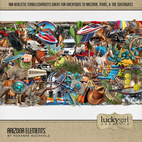 Celebrate Arizona with these beautiful and realistic embellishments by Lucky Girl Creative digital art. Great for travel and vacations to Arizona, the Southwest, Texas, Mexico, parts of Utah, Phoenix, Tucson, Scottsdale, Sedona, Mesa, Flagstaff, Yuma, the desert, and more. Embellishments include all terrain vehicle, quad, Jeep, hawk, bird, hummingbird, quail, roadrunner, buzzard, vulture, coyote, donkey, burro, Gila monster, lizard, reptile, horse, rattlesnake, cactus, prickly pear, RV, camper, caravan.