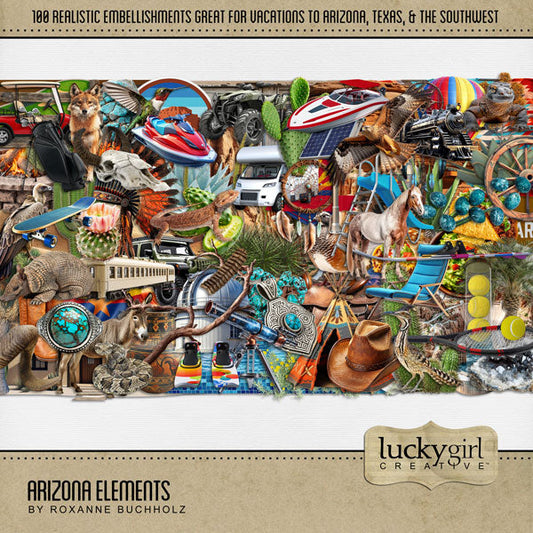 Celebrate Arizona with these beautiful and realistic embellishments by Lucky Girl Creative digital art. Great for travel and vacations to Arizona, the Southwest, Texas, Mexico, parts of Utah, Phoenix, Tucson, Scottsdale, Sedona, Mesa, Flagstaff, Yuma, the desert, and more. Embellishments include all terrain vehicle, quad, Jeep, hawk, bird, hummingbird, quail, roadrunner, buzzard, vulture, coyote, donkey, burro, Gila monster, lizard, reptile, horse, rattlesnake, cactus, prickly pear, RV, camper, caravan.