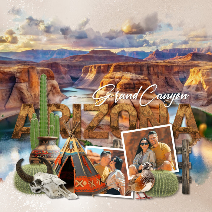 Celebrate Arizona with these beautiful realistic western embellishments, clusters, masked scenic overlays, engraved stamps, and red rock alpha set by Lucky Girl Creative digital art. Great for travel and vacations to Arizona, the Southwest, Texas, Mexico, parts of Utah, Phoenix, Tucson, Scottsdale, Sedona, Mesa, Flagstaff, Yuma, the desert, and more. Embellishments include all terrain vehicle, quad, Jeep, hawk, bird, hummingbird, quail, roadrunner, buzzard, vulture, coyote, donkey, burro.