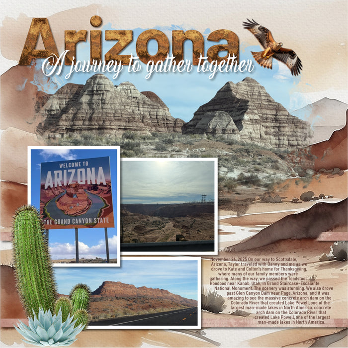 Celebrate Arizona with these beautiful realistic western embellishments, clusters, masked scenic overlays, engraved stamps, and red rock alpha set by Lucky Girl Creative digital art. Great for travel and vacations to Arizona, the Southwest, Texas, Mexico, parts of Utah, Phoenix, Tucson, Scottsdale, Sedona, Mesa, Flagstaff, Yuma, the desert, and more. Embellishments include all terrain vehicle, quad, Jeep, hawk, bird, hummingbird, quail, roadrunner, buzzard, vulture, coyote, donkey, burro.
