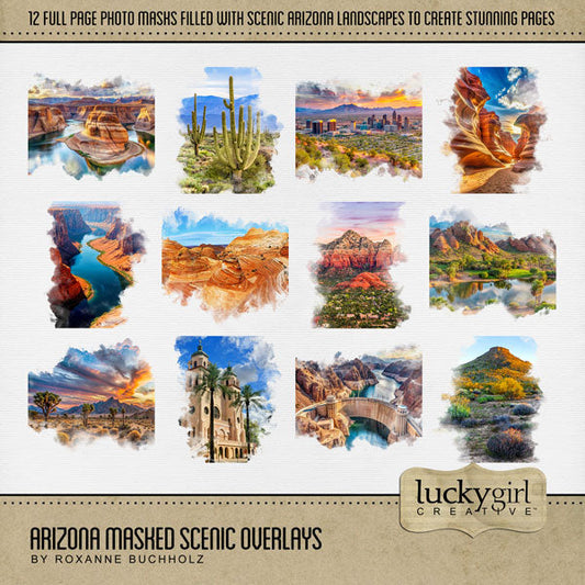 Celebrate Arizona with these beautiful masked scenic overlay embellishments. With transparent edges, these masked photographs blend seamlessly into any background paper and make the perfect backdrop for all digital scrapbooking pages. Great for travel and vacations to Arizona, the Southwest, Texas, Mexico, parts of Utah, Phoenix, Tucson, Scottsdale, Sedona, Mesa, Flagstaff, Yuma, the desert, and more. Embellishments include Antelope Canyon, downtown Phoenix, Coyote Buttes North Wave, desert cactus.
