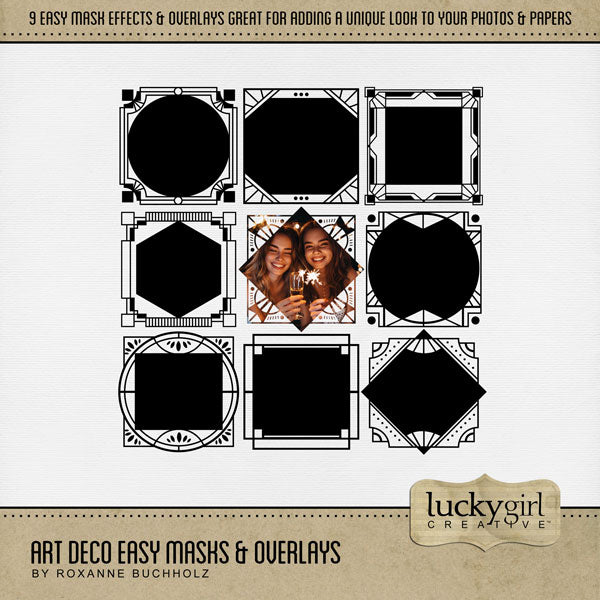 Create your own unique photo frames with these stylish Art Deco digital scrapbooking easy masks & overlays by Lucky Girl Creative digital art inspired by the Great Gatsby and the Roaring 20's. Fill the frames with your favorite color, photo, or paper. Great for New Year's Eve, anniversary, birthday, black tie events, party, graduation, wedding, and more! In Photoshop, add the photo mask to your page, overlay with your favorite photo, and create a clipping path for a stunning result.