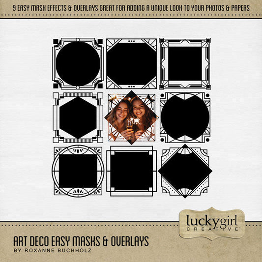 Create your own unique photo frames with these stylish Art Deco digital scrapbooking easy masks & overlays by Lucky Girl Creative digital art inspired by the Great Gatsby and the Roaring 20's. Fill the frames with your favorite color, photo, or paper. Great for New Year's Eve, anniversary, birthday, black tie events, party, graduation, wedding, and more! In Photoshop, add the photo mask to your page, overlay with your favorite photo, and create a clipping path for a stunning result.