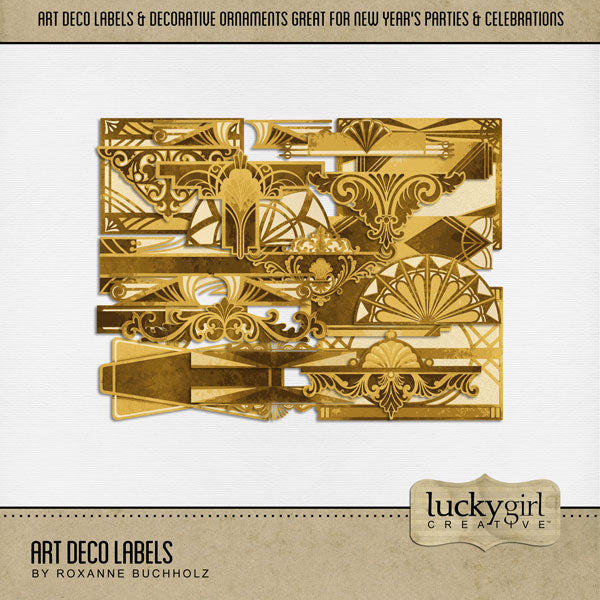 Create your own unique digital scrapbooking page titles, journaling boxes, and photo accents with these stylish Art Deco label embellishments by Lucky Girl Creative digital art inspired by the Great Gatsby and the Roaring 20's. Great for New Year's Eve, anniversary, birthday, black tie events, party, graduation, wedding, and more! This kit is included in the Art Deco Bundle.